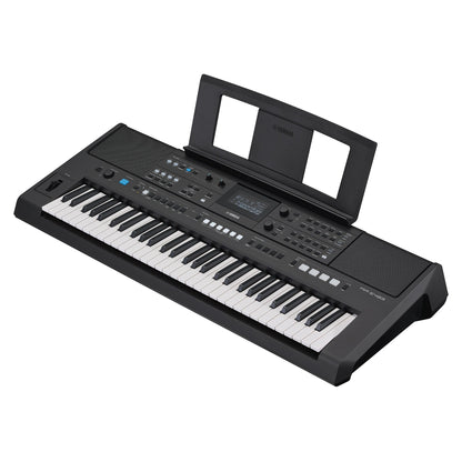 Yamaha PSR-E483 — diagonal side view with music rest
