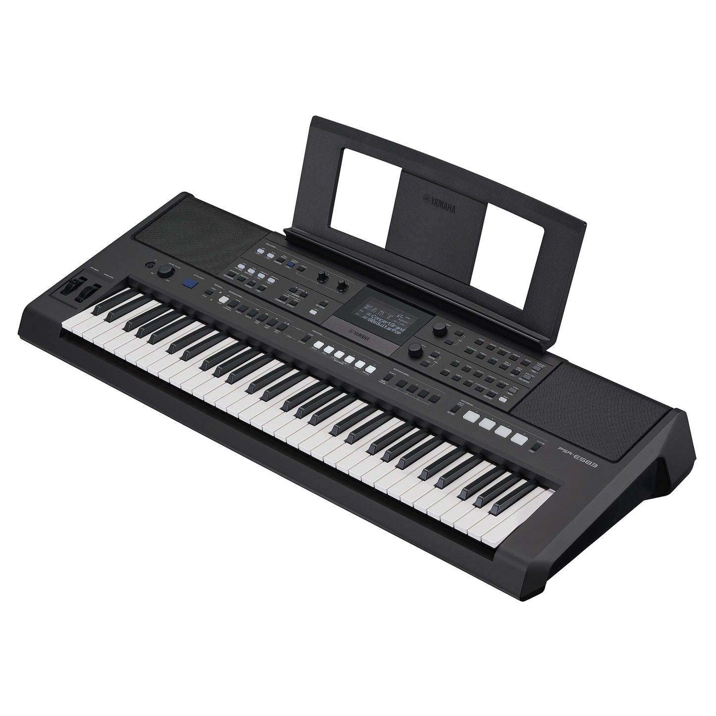 Yamaha PSR-E583 — diagonal side view with music rest