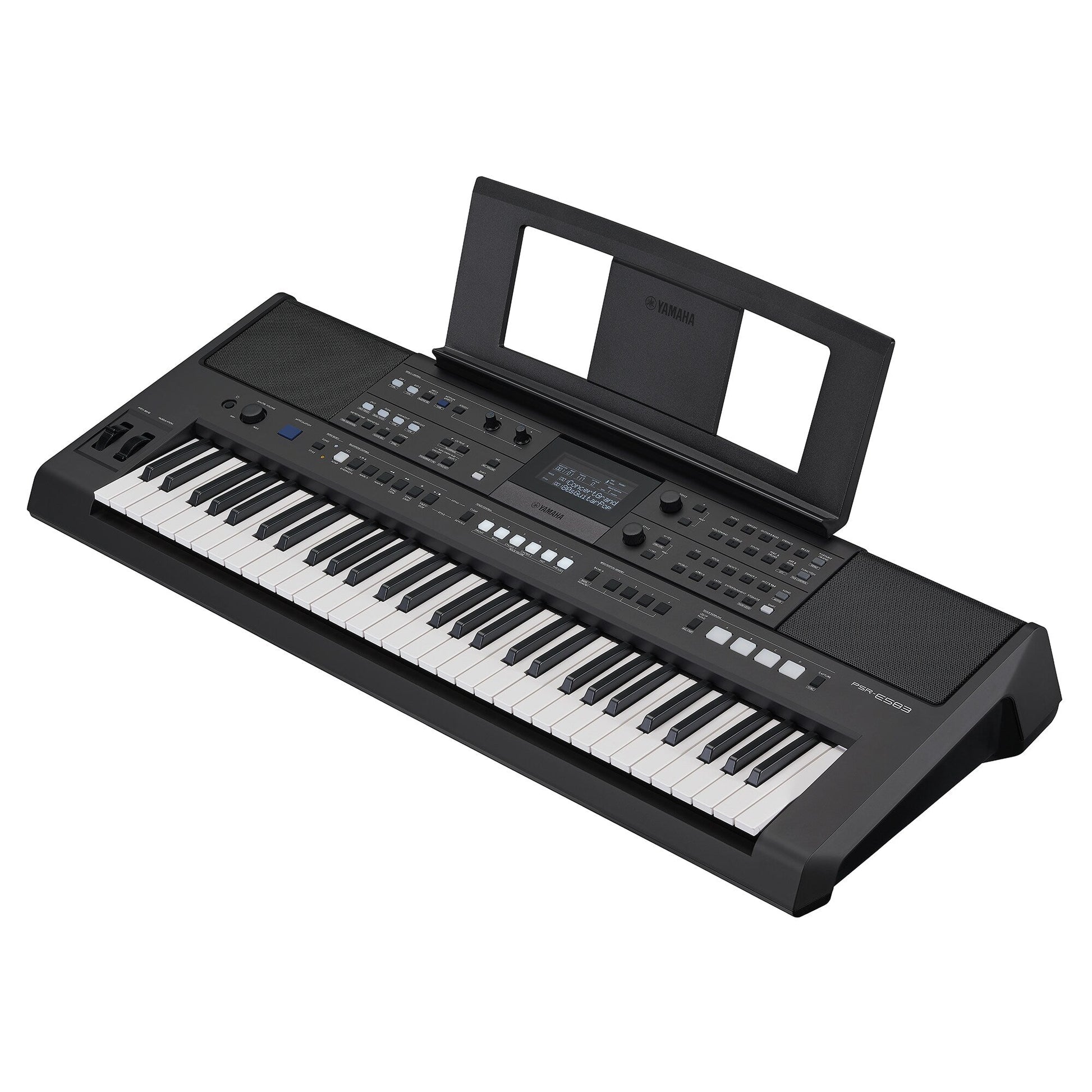 Yamaha PSR-E583 — diagonal side view with music rest