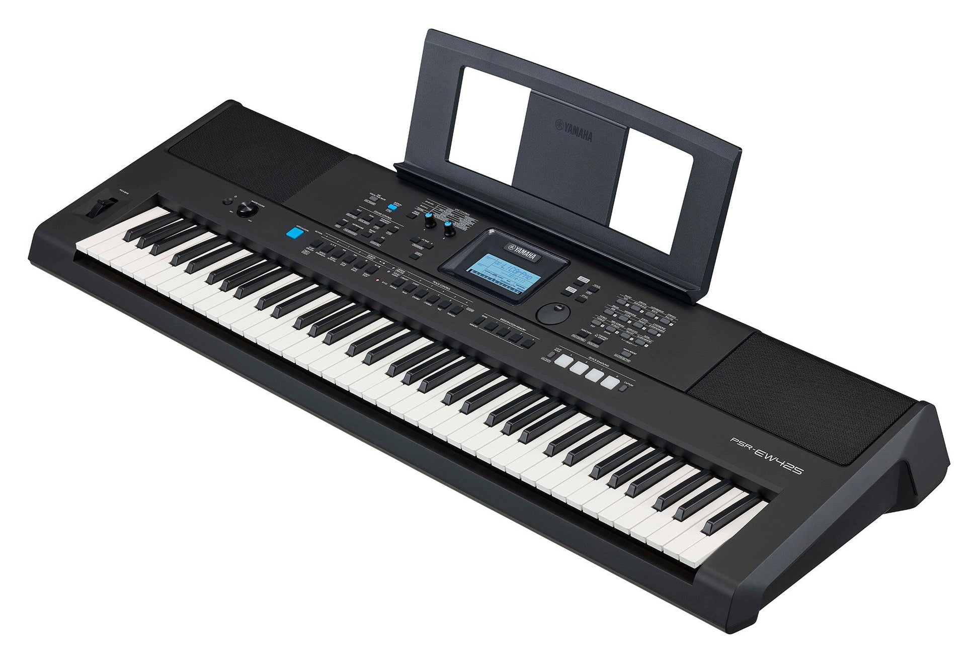 Yamaha PSR-EW425 — diagonal side view with music rest