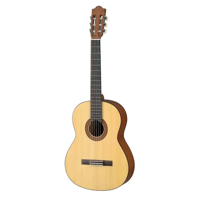 Yamaha C40M full-size nylon-string classical guitar in a natural matt satin finish, front view showing the spruce top, decorative rosette, rosewood bridge and slotted headstock with chrome tuners