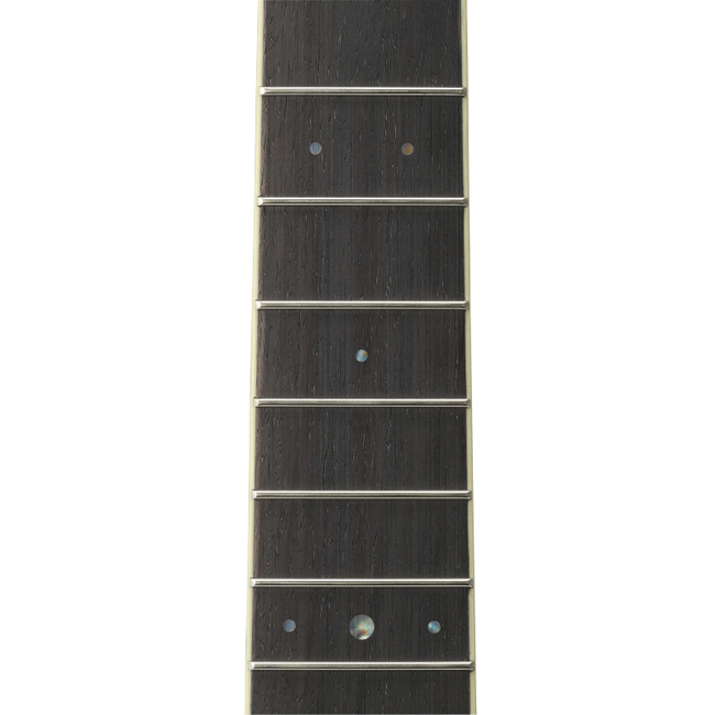 Close-up of the Yamaha LL6 rosewood fingerboard, with bound edges and pearl-style position dots