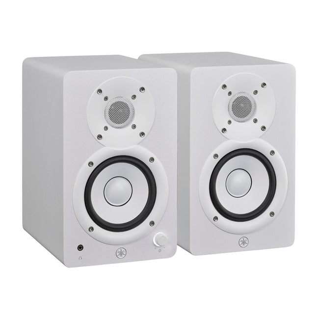 Yamaha HS4 powered studio monitors in white, angled pair view with Yamaha's white cone woofers