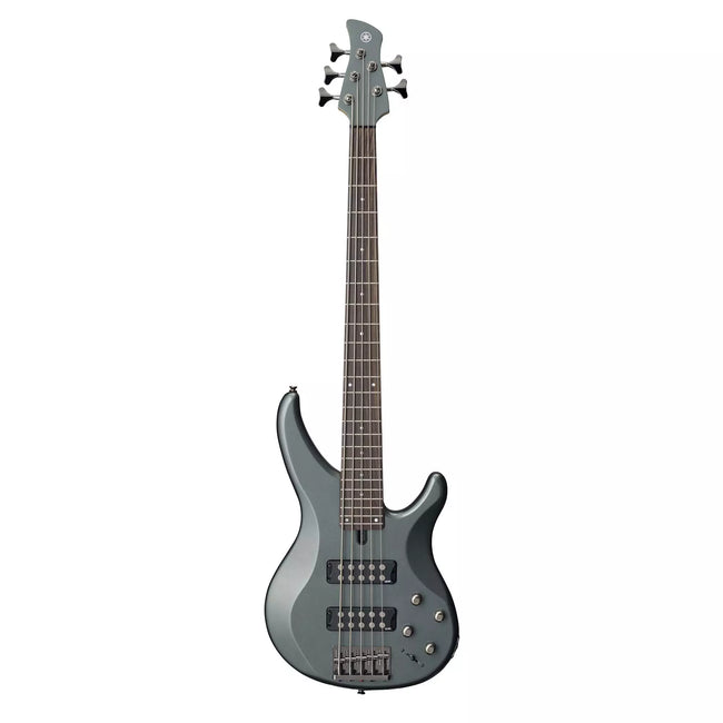 Yamaha TRBX305 5-string electric bass in Mist Green, front view showing the contoured body, five strings, M3 pickups and die-cast bridge