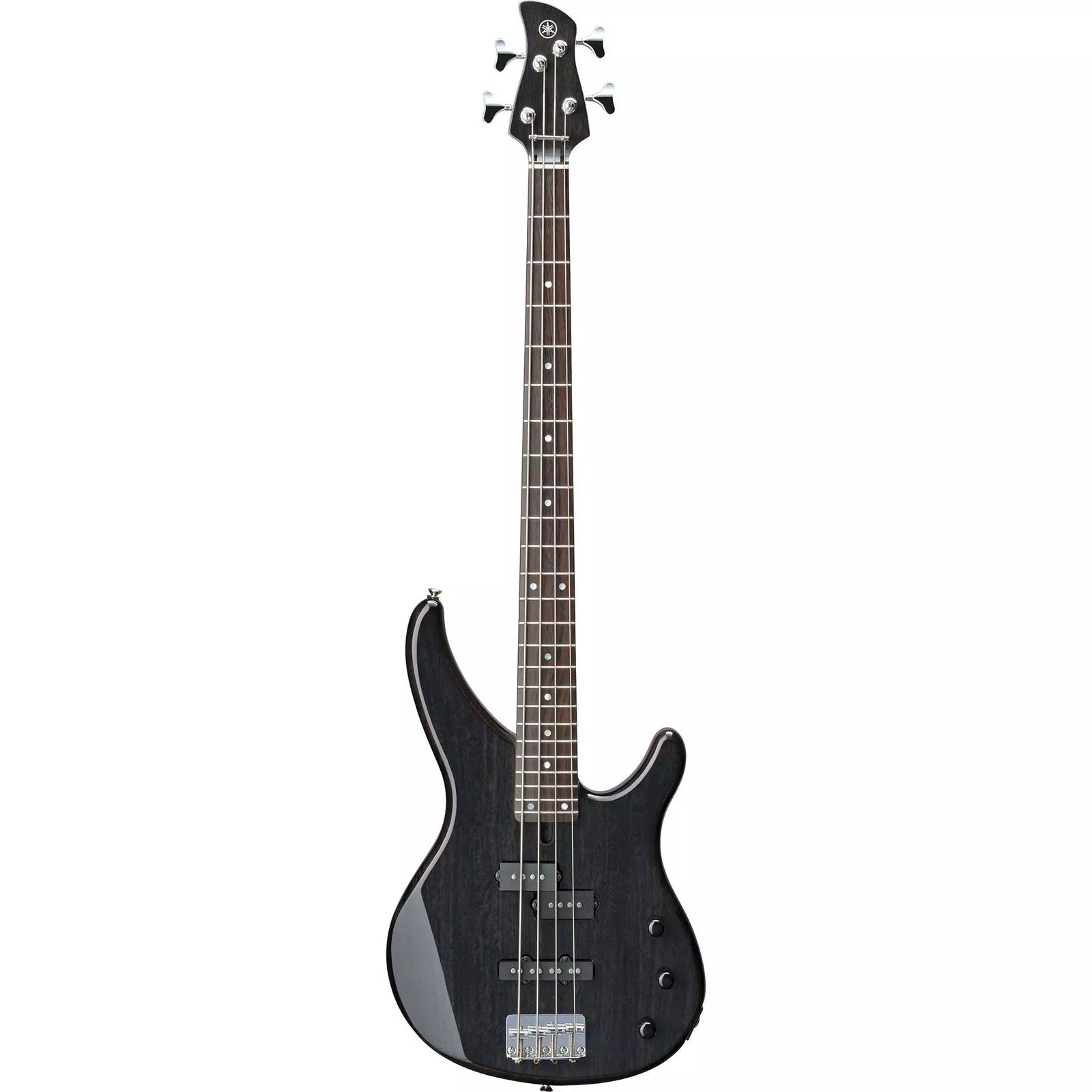 Yamaha TRBX174EW 4-string electric bass in Black, front view showing the exotic-wood laminate top, matching headstock face, PJ pickups and 24-fret rosewood fingerboard