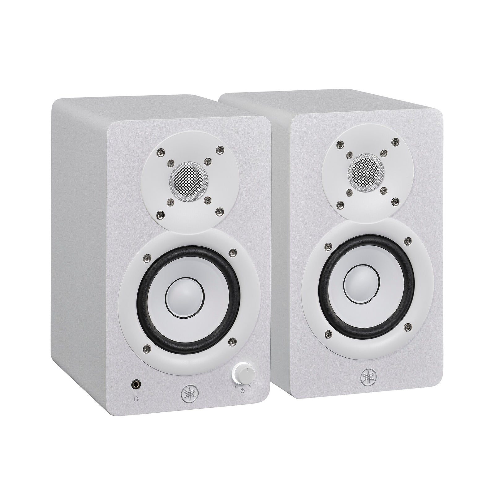 Yamaha HS3 powered studio monitors in white, angled pair view, with the left speaker's front volume knob and headphone jack