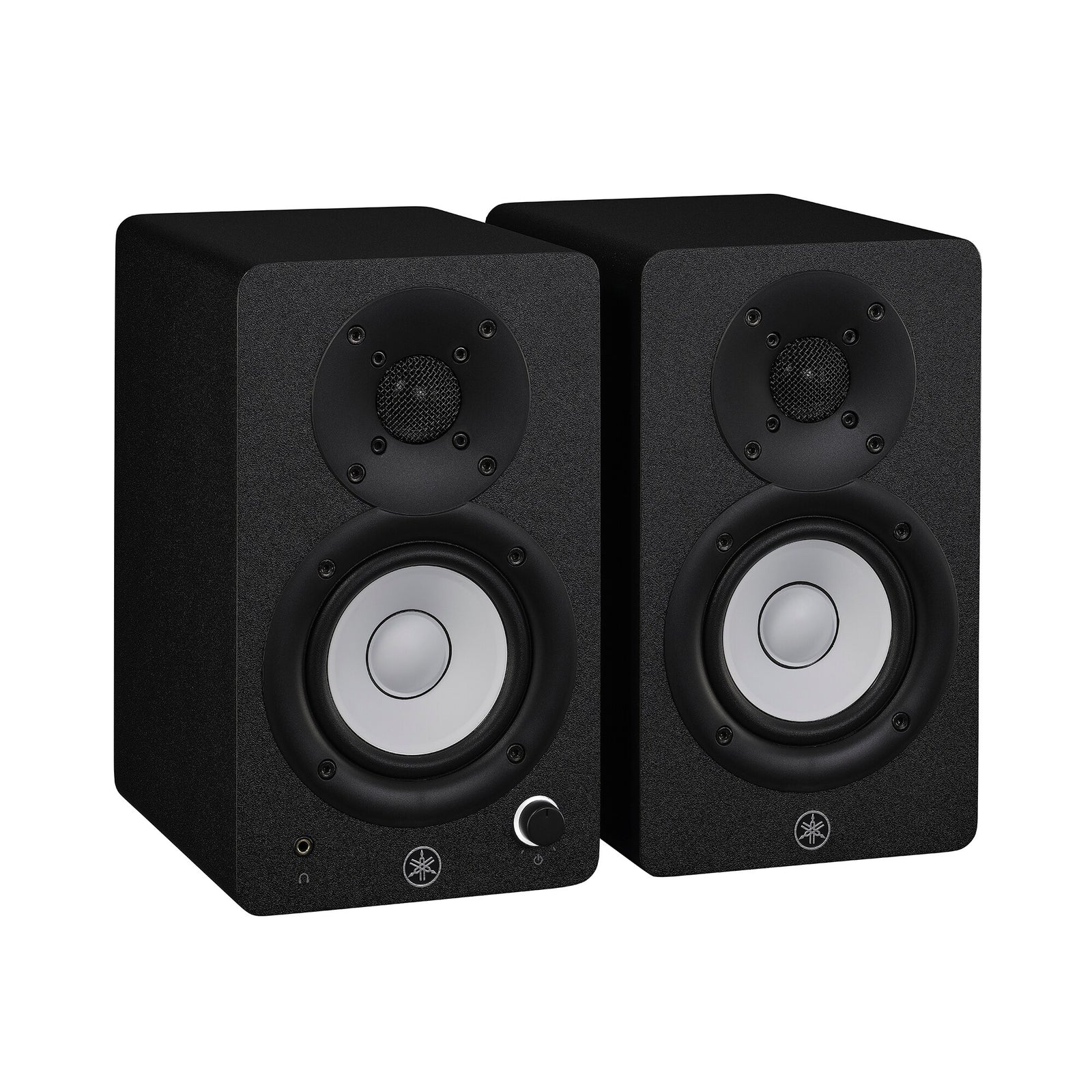 Yamaha HS3 powered studio monitors in black, angled pair view, with white cones and the left speaker's front volume knob and headphone jack