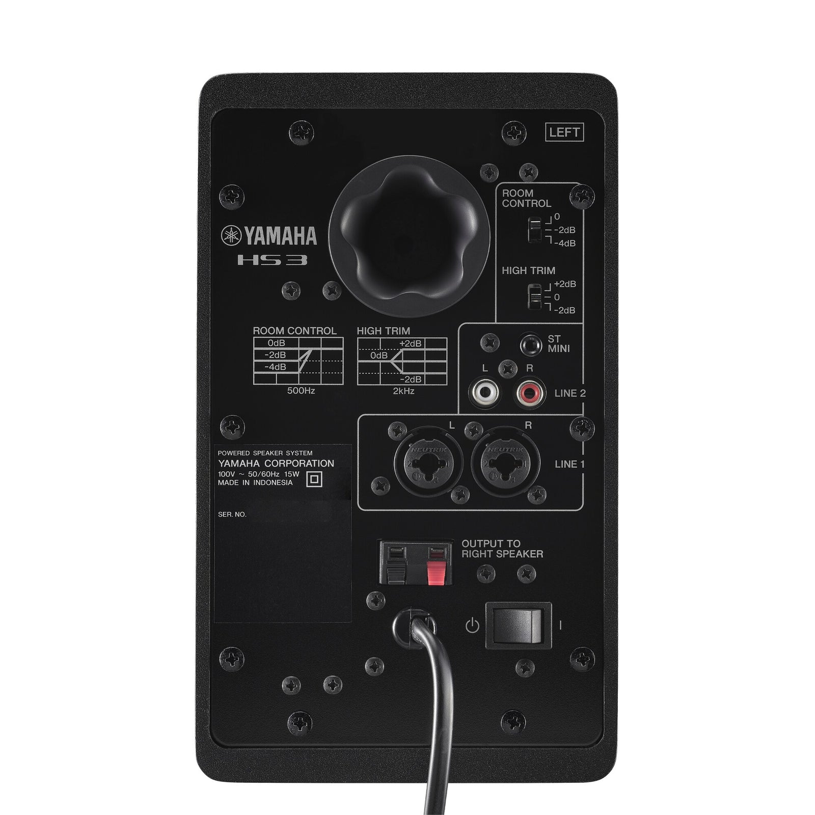 Rear panel of the black Yamaha HS3 left speaker, showing the Room Control and High Trim switches, stereo mini and RCA LINE 2 inputs, combo XLR/TRS LINE 1 inputs and the output terminals to the right speaker