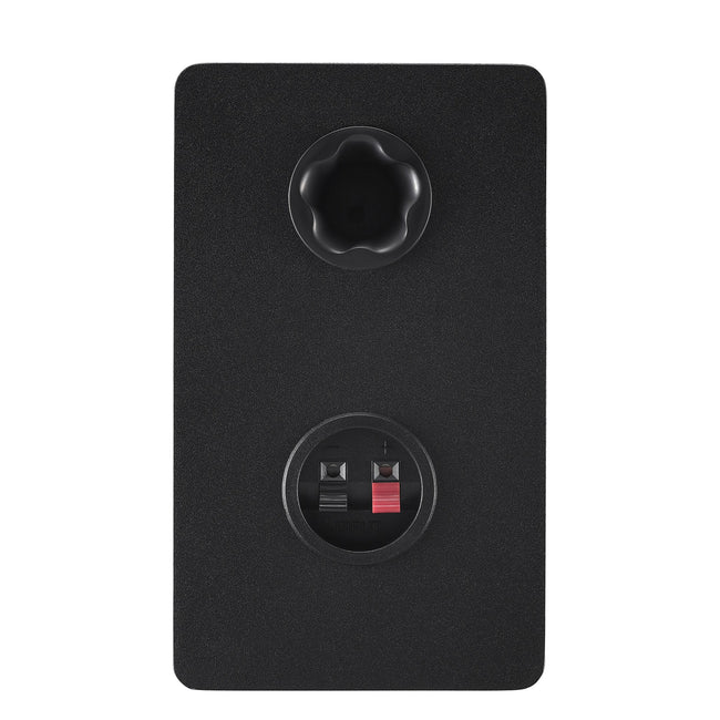 Rear panel of the black Yamaha HS3 right speaker, showing the bass-reflex port and the terminals that connect it to the powered left speaker