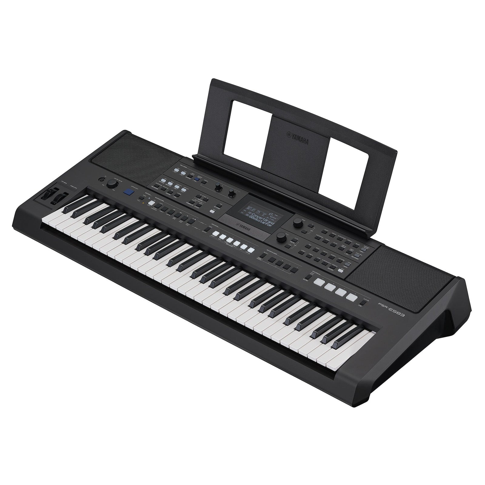 Yamaha PSR-E583 &mdash; diagonal side view with music rest