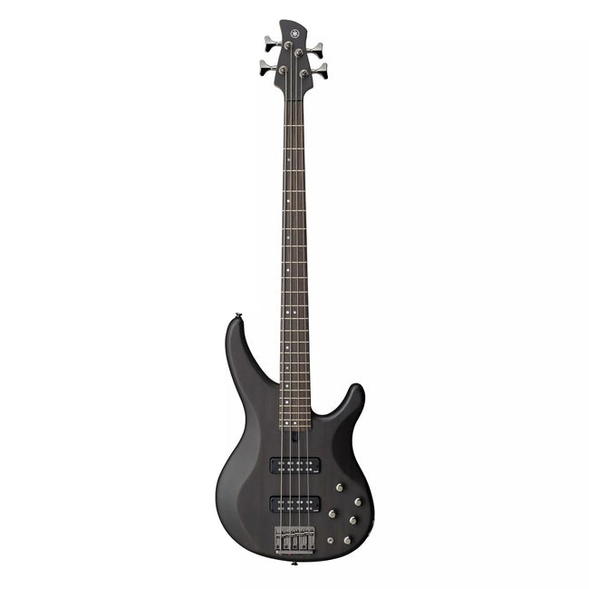 Yamaha TRBX504 4-string electric bass in Translucent Black, front view showing the grain through the satin finish, H5 humbuckers and high-mass die-cast bridge
