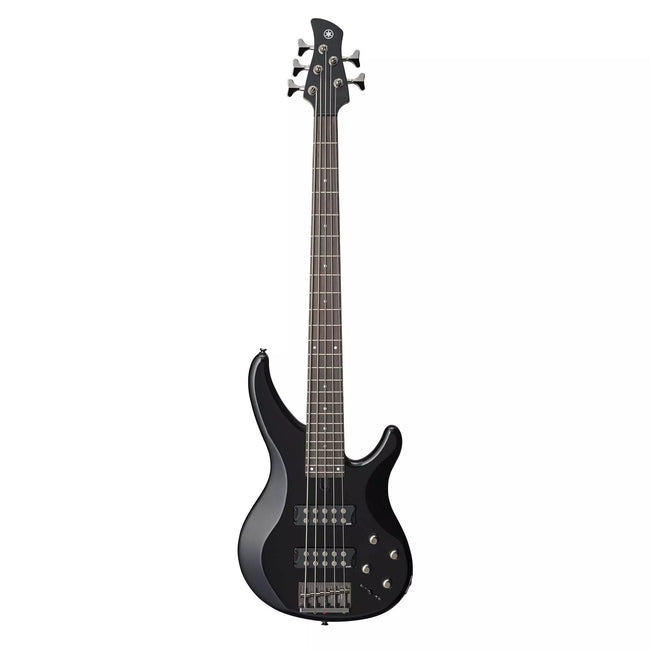 Yamaha TRBX305 5-string electric bass in gloss Black, front view showing the sculpted mahogany body, twin M3 humbucking pickups, Performance EQ lever and wide five-string neck