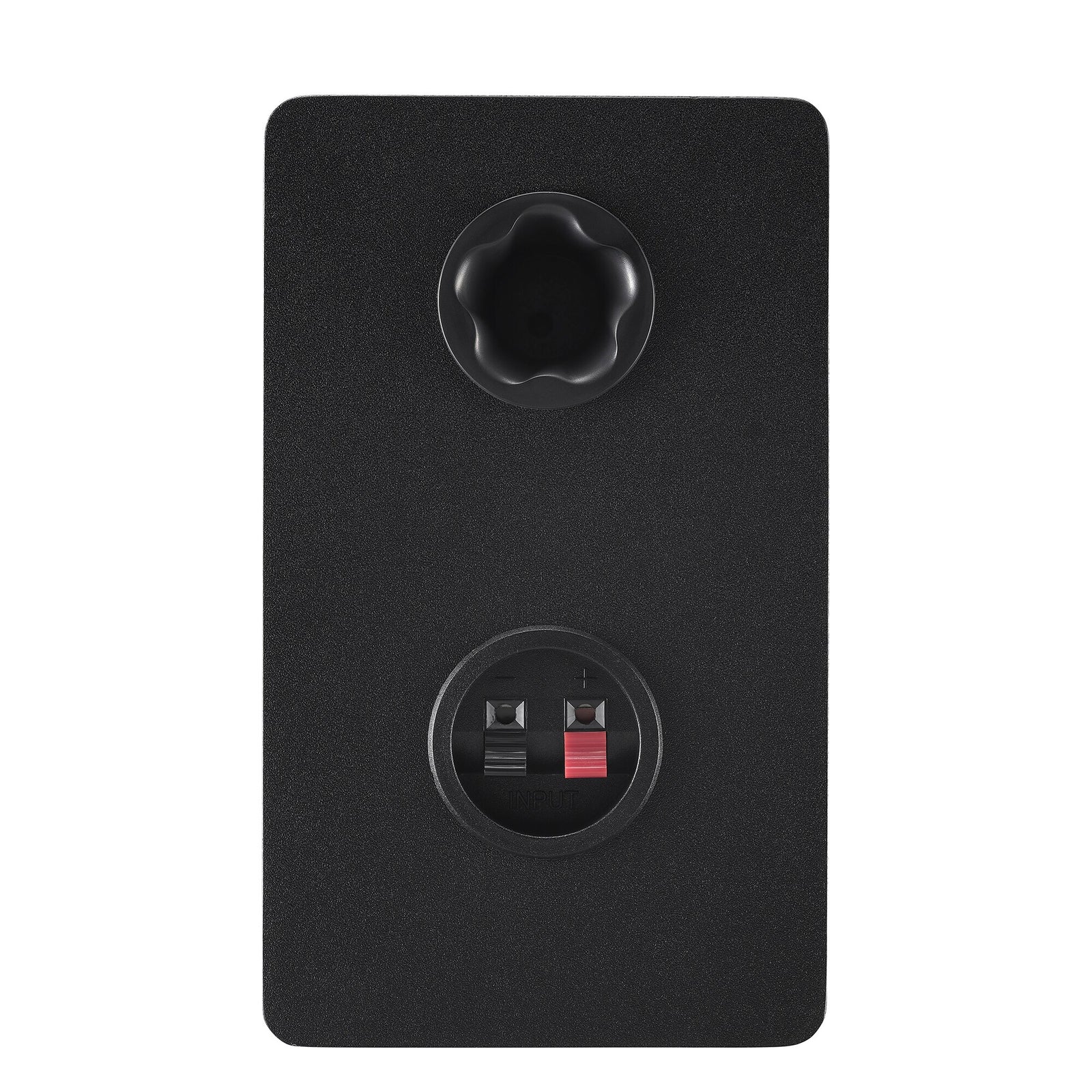 Rear panel of the black Yamaha HS3 right speaker, showing the bass-reflex port and the terminals that connect it to the powered left speaker