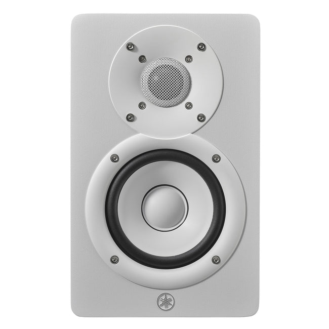 Front view of the white Yamaha HS4 right speaker, showing the 4.5-inch white cone woofer and 1-inch dome tweeter