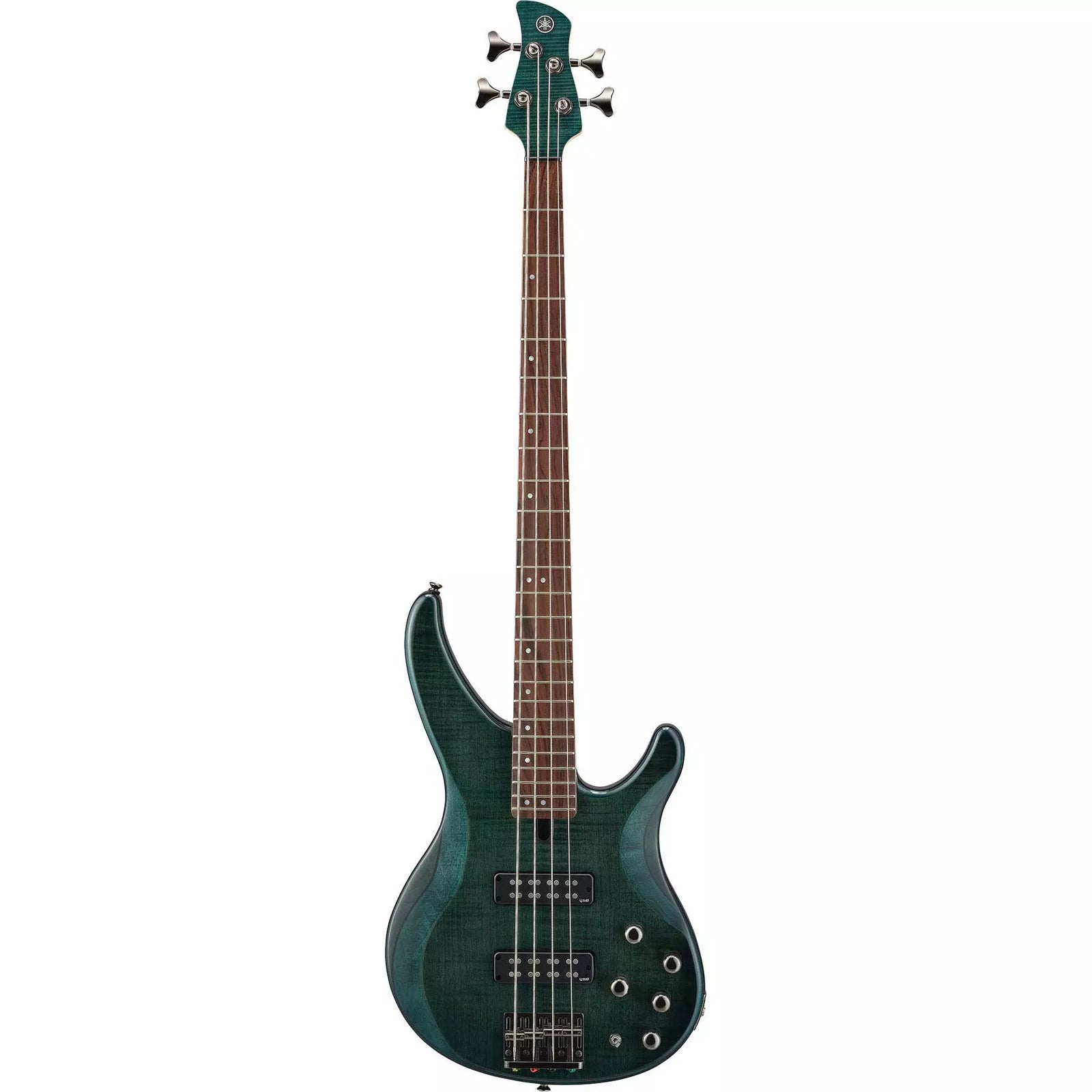Yamaha TRBX604FM 4-string electric bass in Indigo Blue, front view showing the figured flame maple top, sculpted body, twin H5 alnico humbuckers and active/passive switch