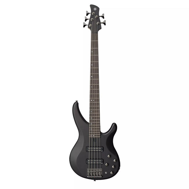 Yamaha TRBX505 5-string electric bass in Translucent Black, front view showing the grain through the satin finish, five strings and high-mass die-cast bridge
