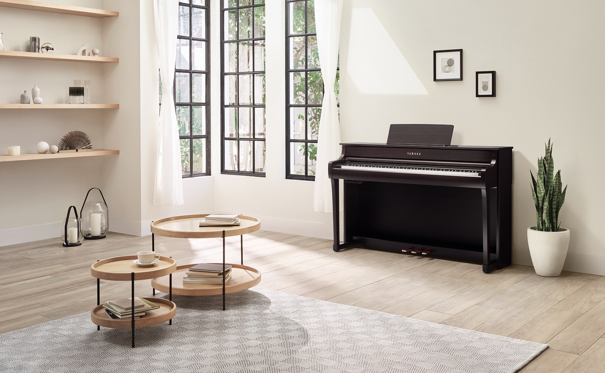 Yamaha Clavinova CLP-835 digital piano in Dark Rosewood in a bright living room
