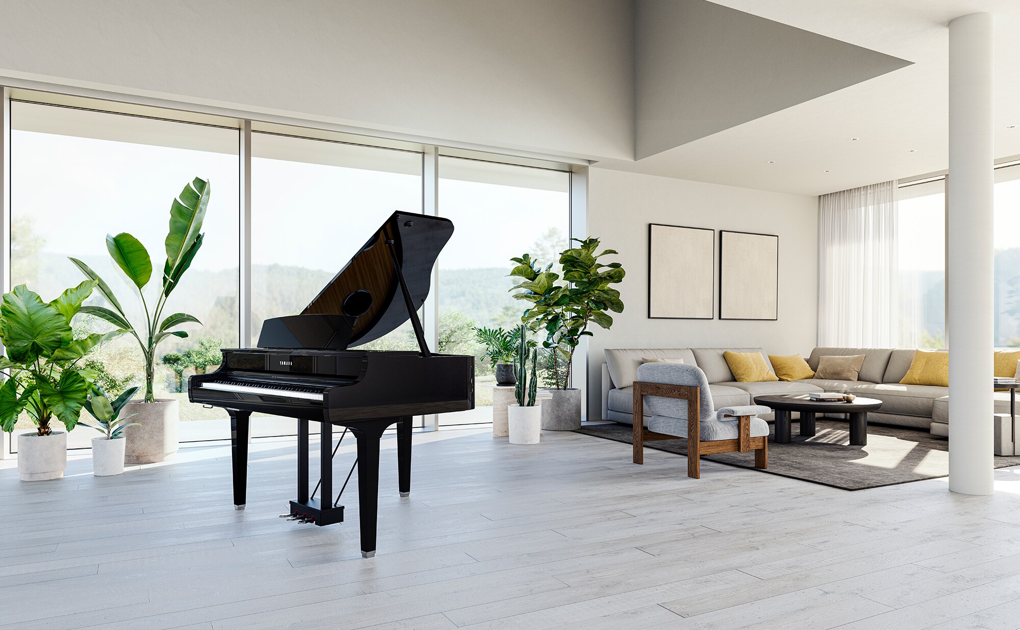 Yamaha Clavinova CLP-895GP digital grand piano in Polished Ebony in a living room