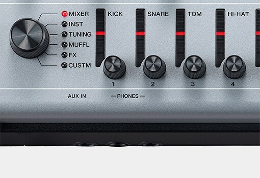 LED rotary faders and fader select knob on the Yamaha DTX-PROX drum module