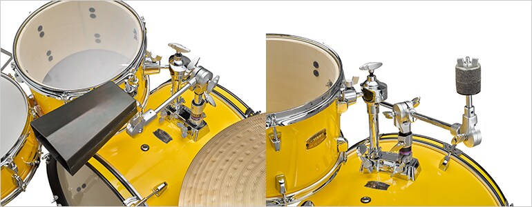 Yamaha Rydeen drum set with an added cowbell and an added cymbal holder