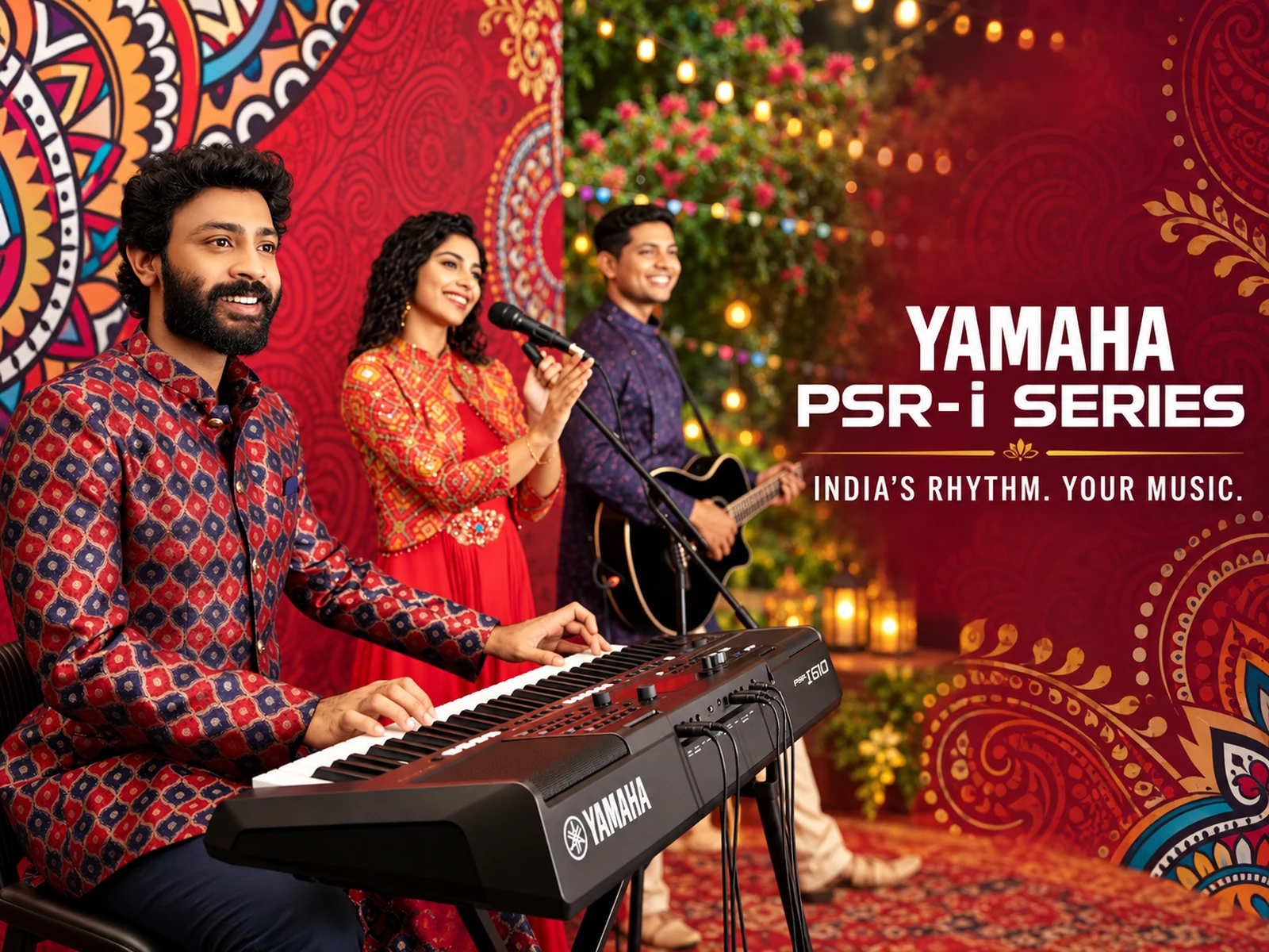Yamaha PSR-i Series keyboard played on a festive stage with a singer and guitarist: India's Rhythm. Your Music.
