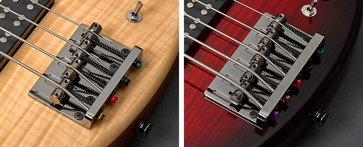 High-mass die-cast bridge on the Yamaha TRBX604FM flamed maple bass